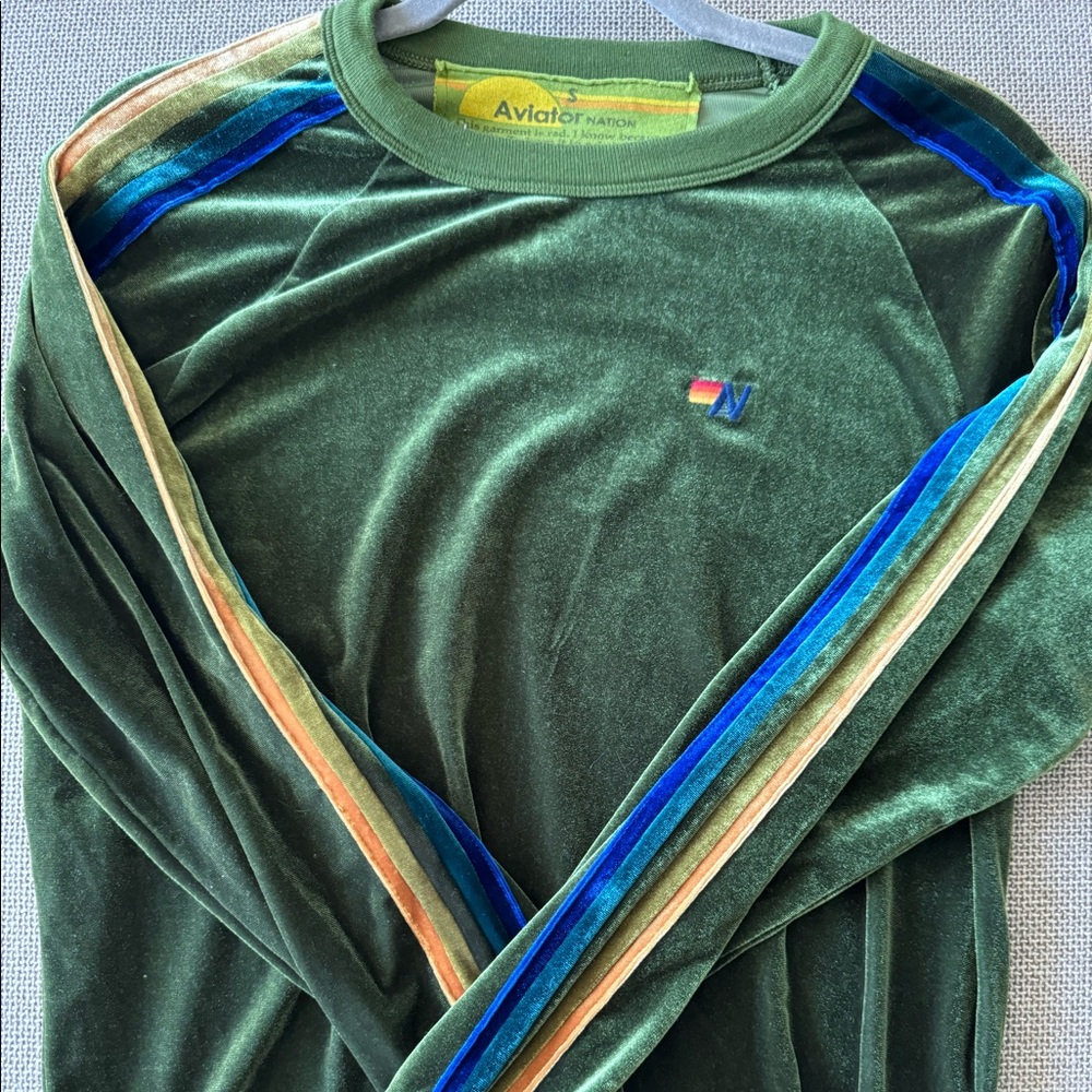 Aviator Nation olive green velvet crewneck, size small